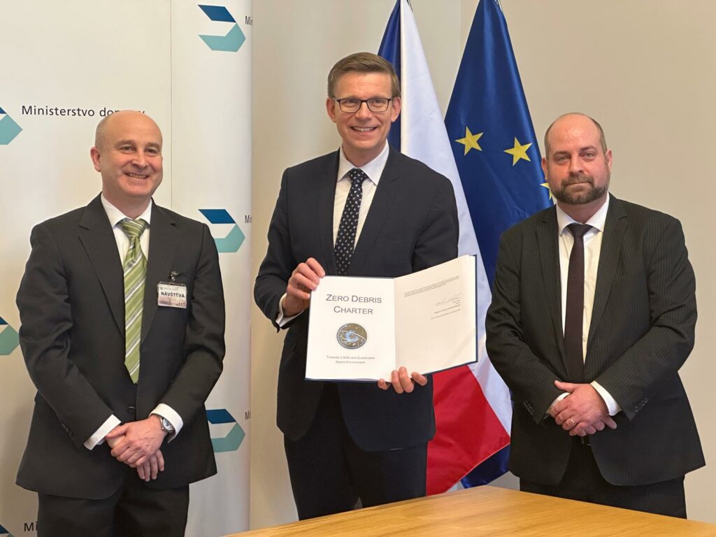 Image: Signing ceremony of the Zero Debris Charter - from left: Holger Krag - ESA Space Safety Program Manager, Martin Kupka - Czech Minister of Transport, Václav Nesládek - Czech delegate to the ESA Space Safety Program